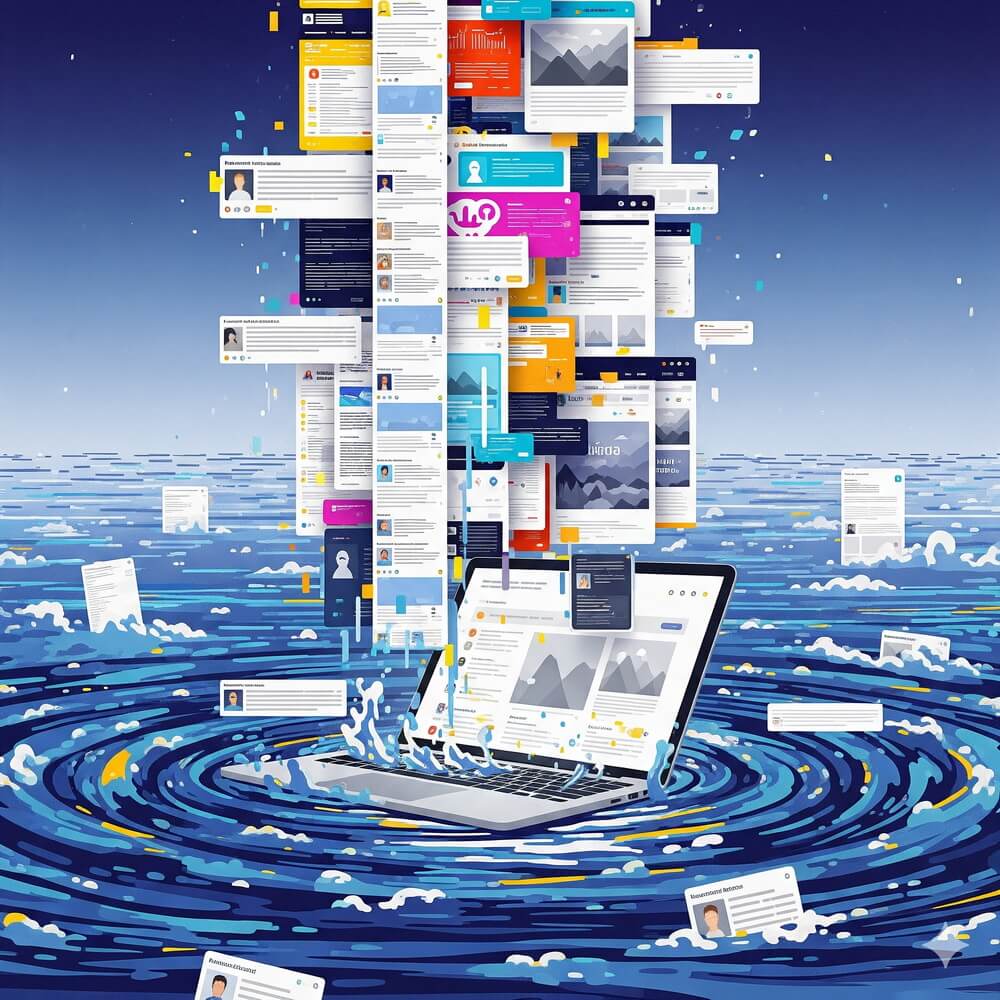 A laptop adrift in a sea of email messages and documents to illustrate the concept of business overwhelm